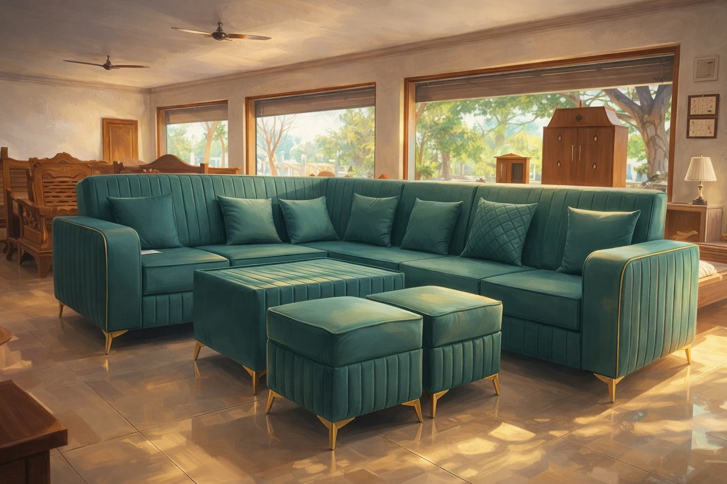 Teal Luxe Sectional Sofa with Gold Accents