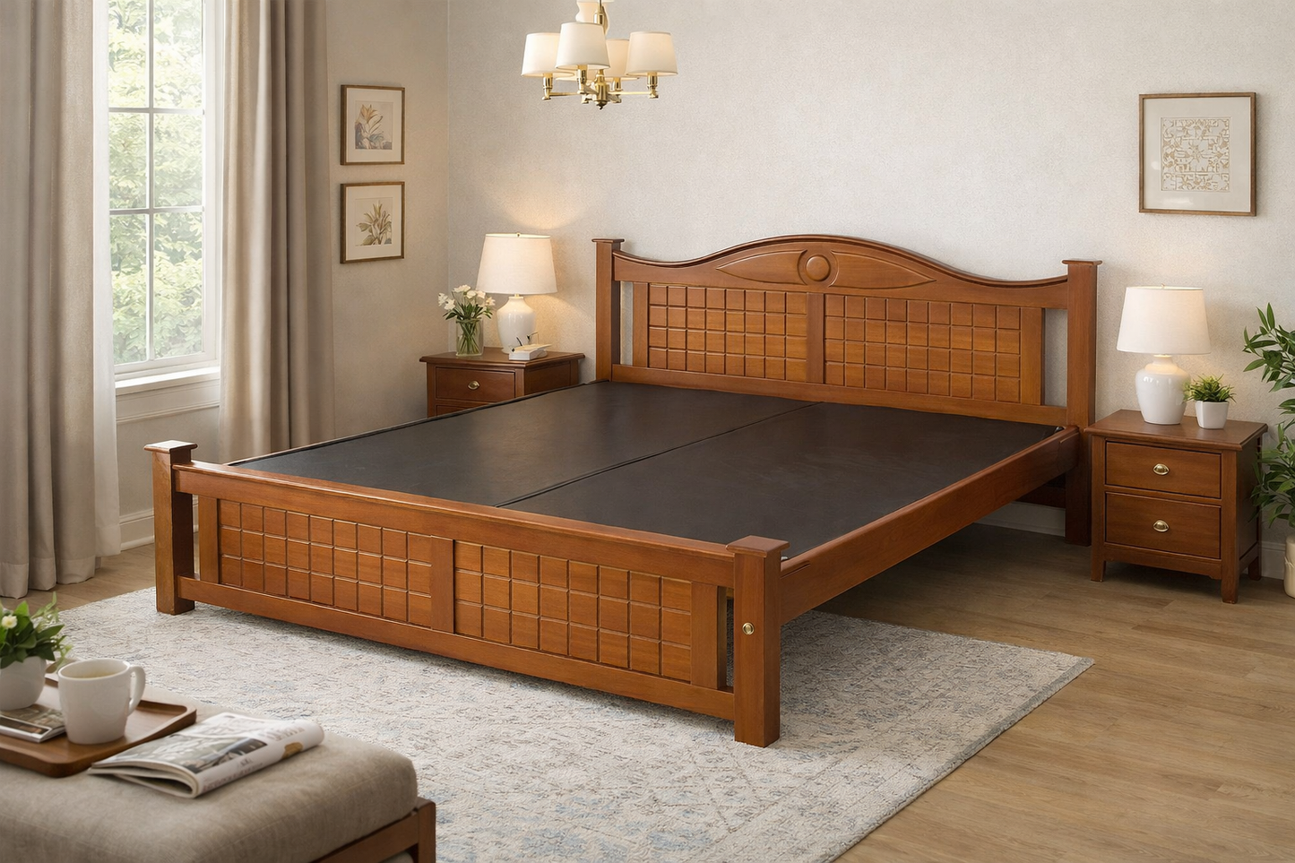 Regal Wooden Bed with Lattice Headboard