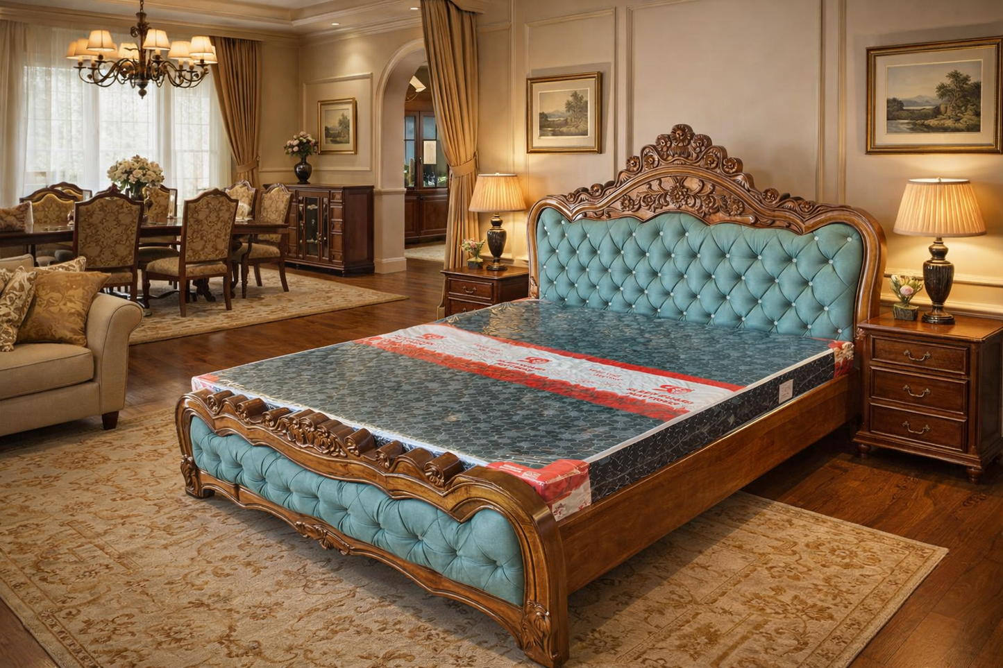 “Royal Teal Tufted Wooden Bed – Luxury Carved Design”