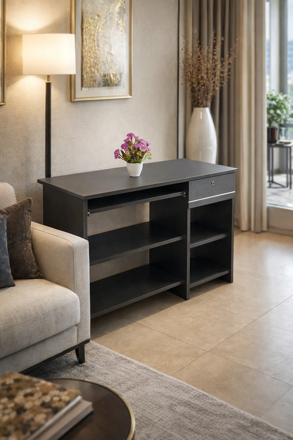 Modern Dark Wood Desk – Sleek Storage Design