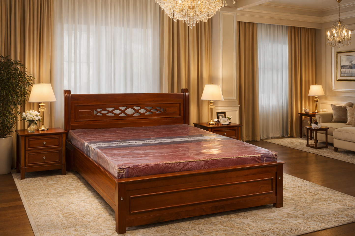 Elegant Wooden Bed with Carved Headboard