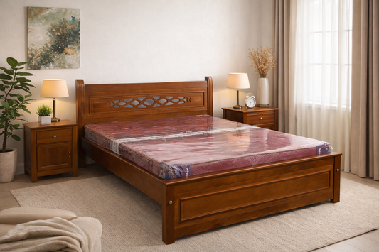 Elegant Wooden Bed with Carved Headboard