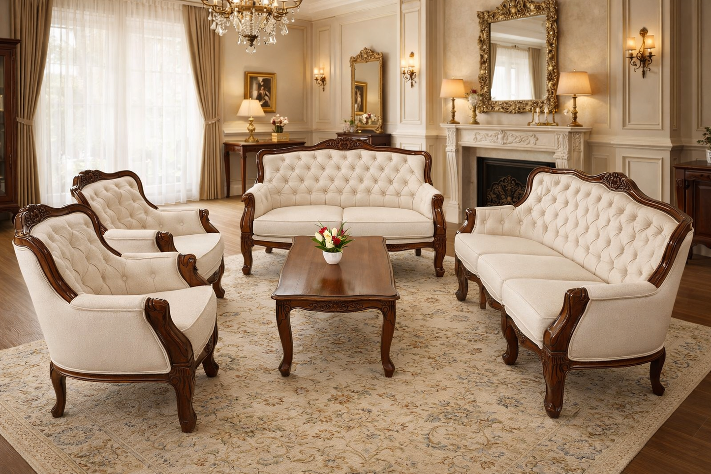 Royal Cream Tufted Sofa Set