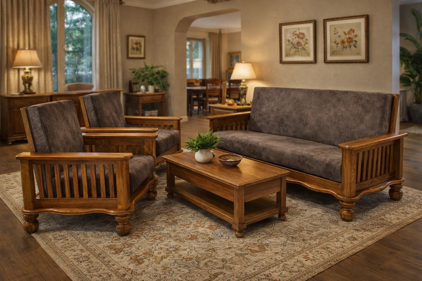 Classic Wooden Sofa Set – Warm Brown Finish