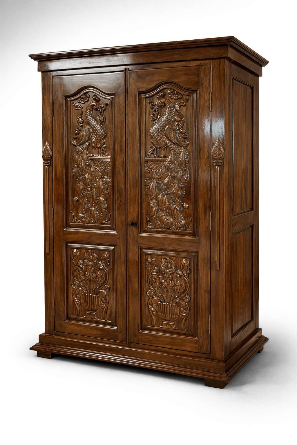 Regal Peacock Carved Wooden Wardrobe