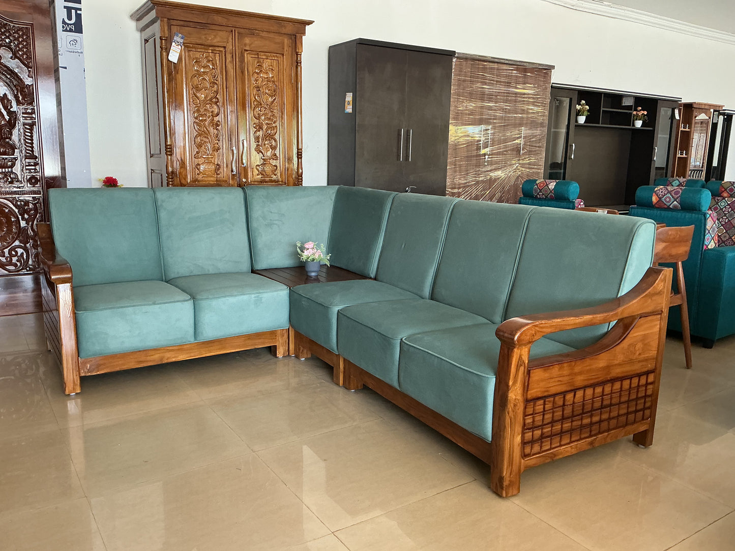 Corner Sofa 2+2+1+Corner – Teal Upholstery with Solid Wooden Frame
