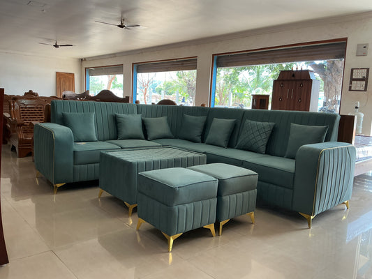 luxurious 8-seater set that includes a central table and two matching puffies.