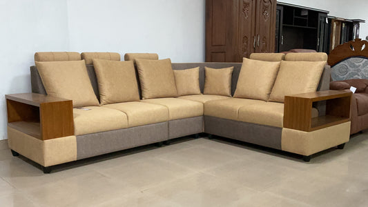 wooden armrests L-shaped corner sofa.