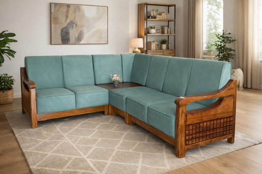 Corner Sofa 2+2+1+Corner – Teal Upholstery with Solid Wooden Frame