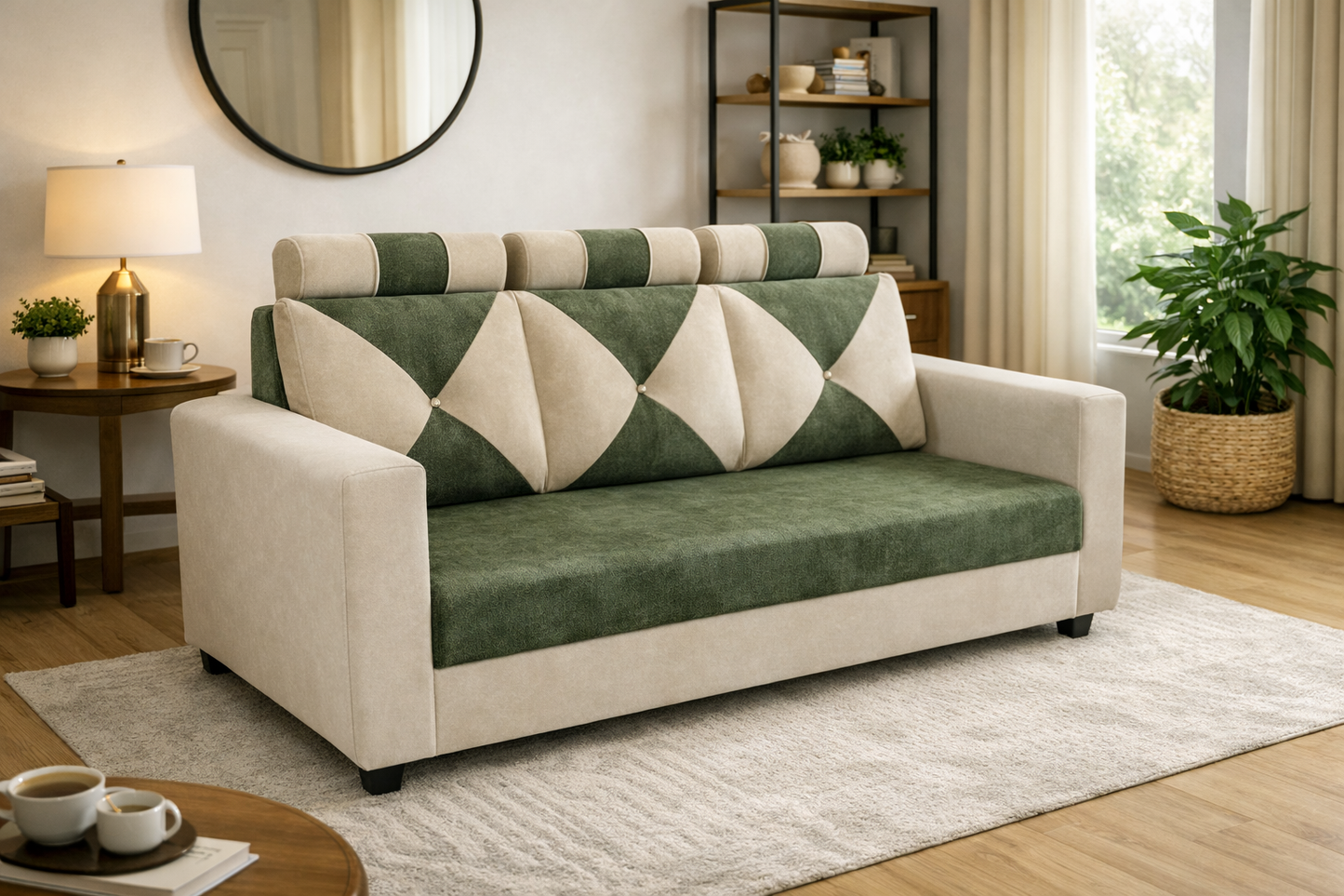 Modern 3-Seater Sofa – Dual Tone Green & Beige with Diamond Pattern