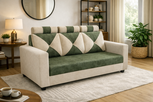 Modern 3-Seater Sofa – Dual Tone Green & Beige with Diamond Pattern