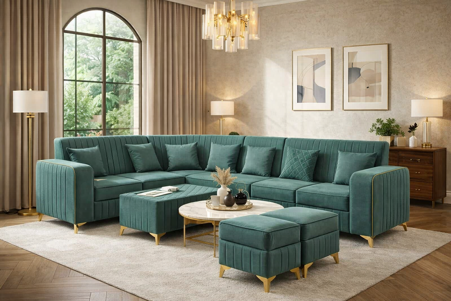 Teal Luxe Sectional Sofa with Gold Accents