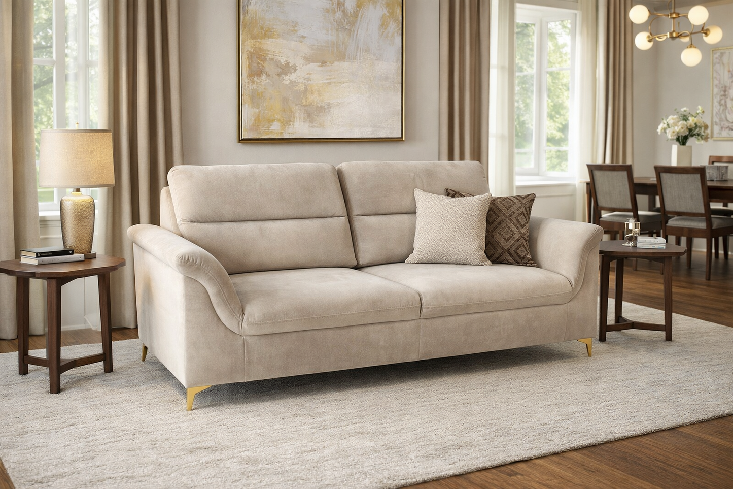 Modern Beige Sofa with Gold Accents