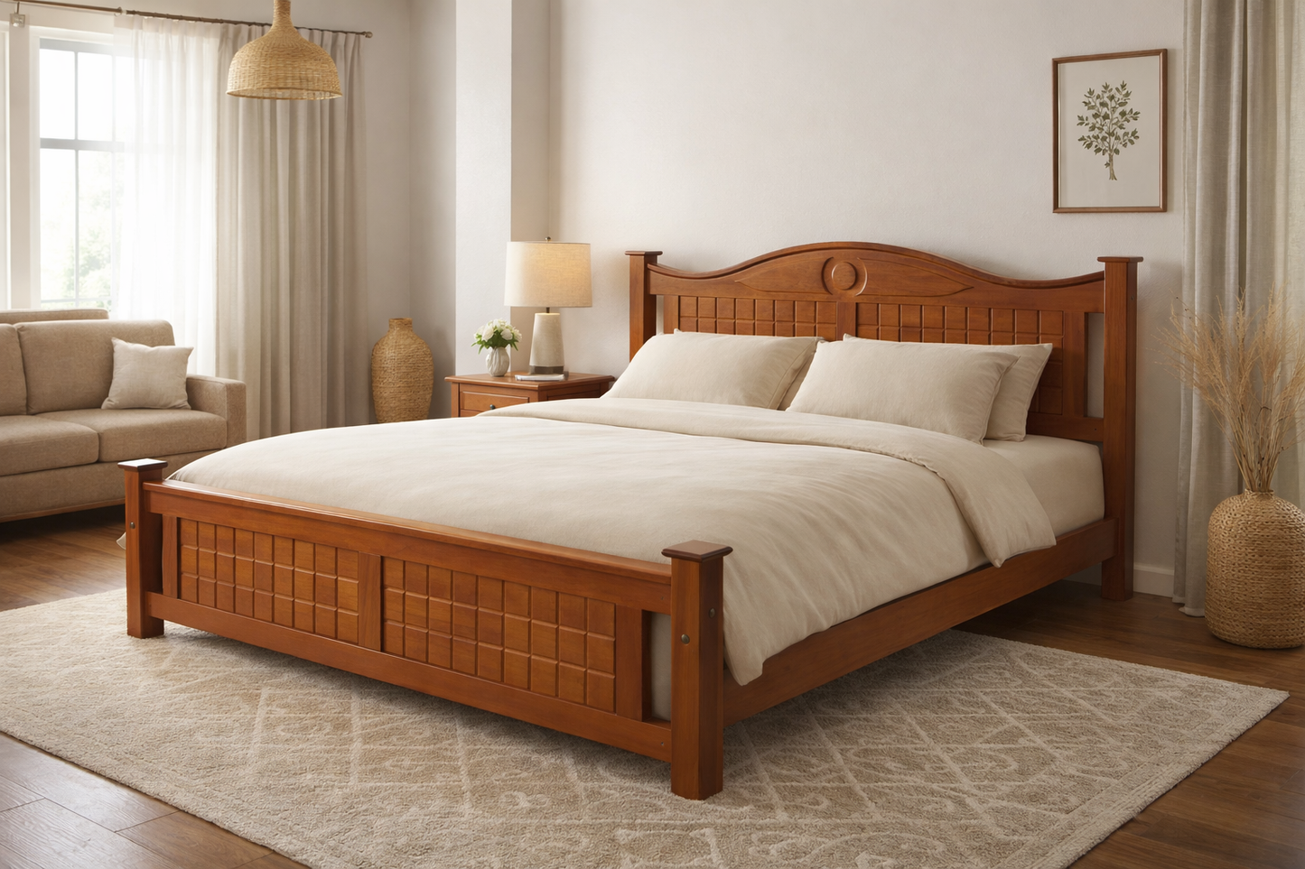 Regal Wooden Bed with Lattice Headboard