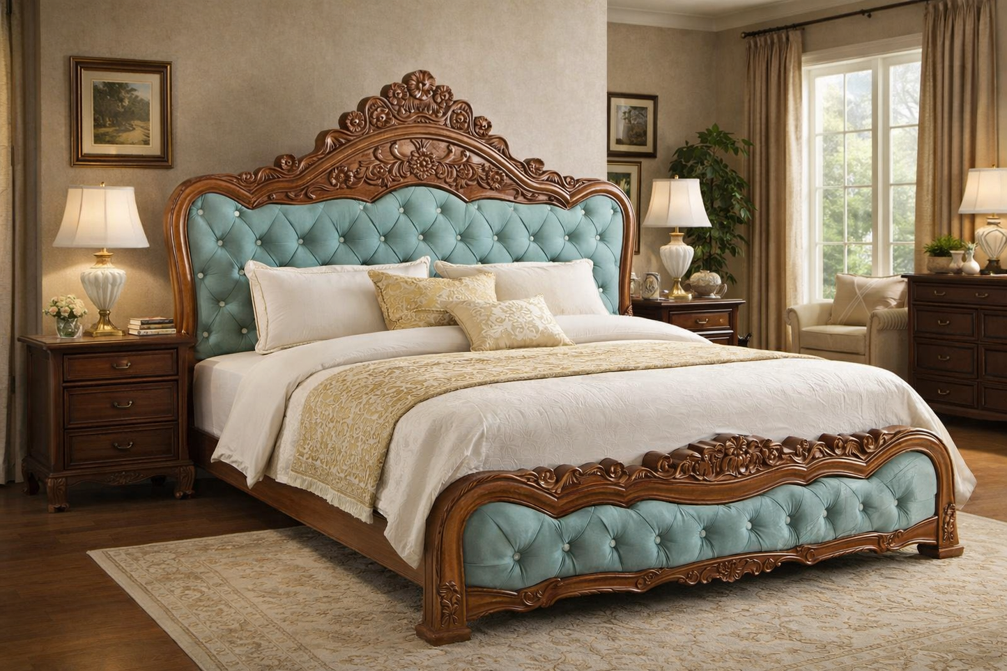 “Royal Teal Tufted Wooden Bed – Luxury Carved Design”