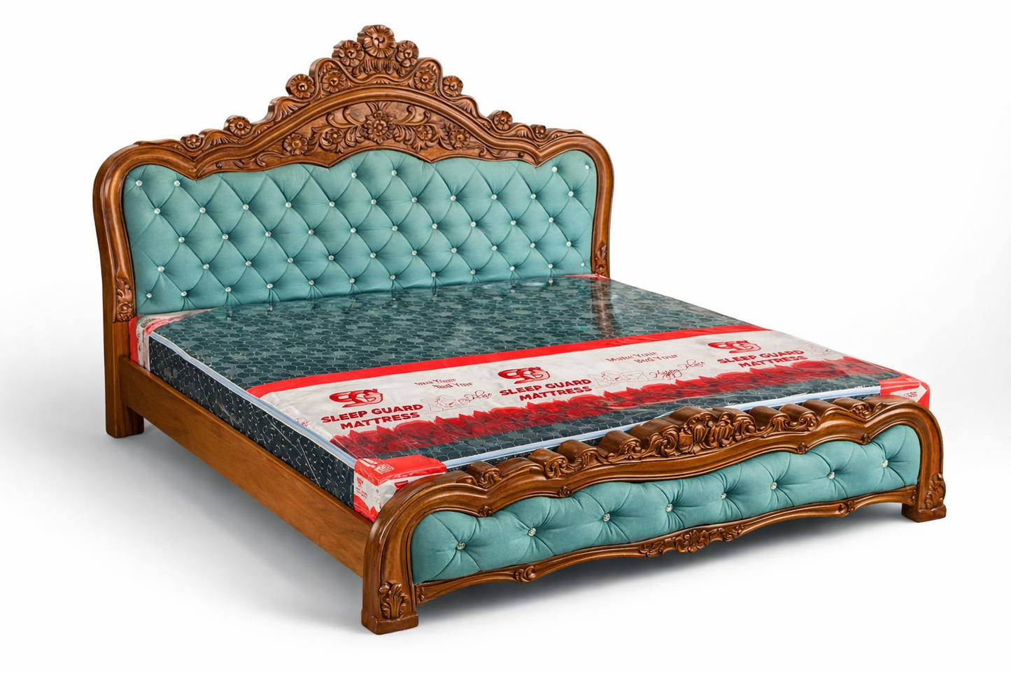 “Royal Teal Tufted Wooden Bed – Luxury Carved Design”