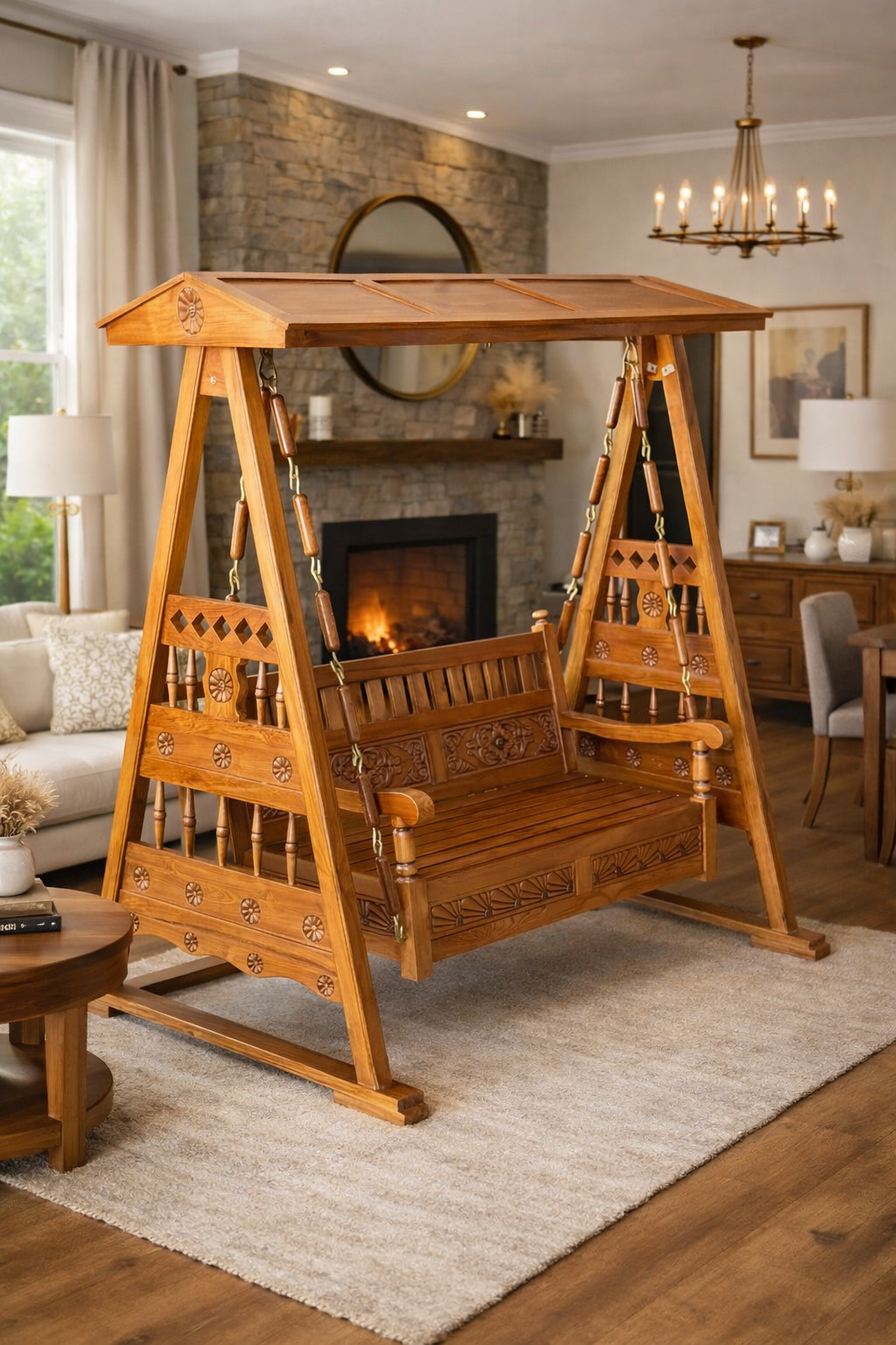 Handcrafted Luxury Wooden Swing with Carved Canopy