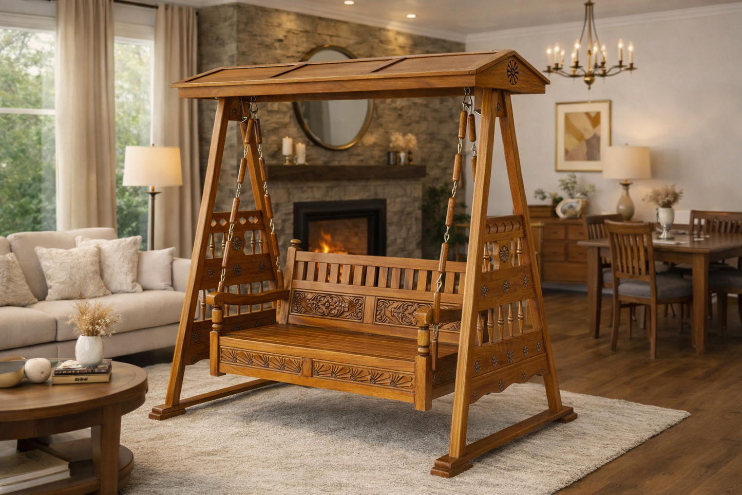 Handcrafted Luxury Wooden Swing with Carved Canopy
