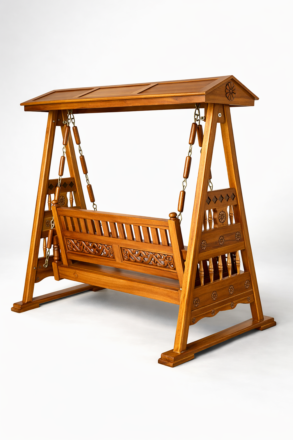 Handcrafted Luxury Wooden Swing with Carved Canopy