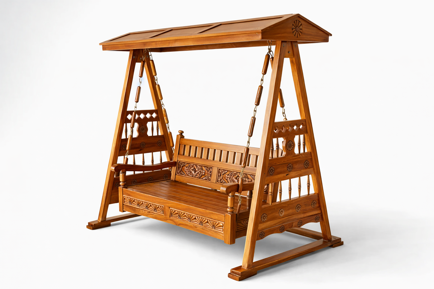 Handcrafted Luxury Wooden Swing with Carved Canopy