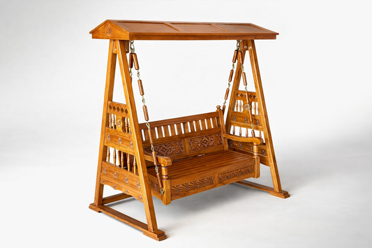 Handcrafted Luxury Wooden Swing with Carved Canopy