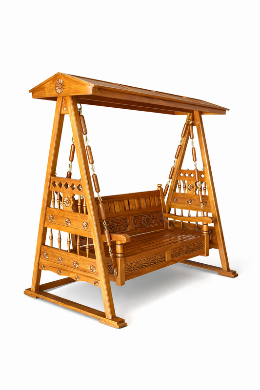 Handcrafted Luxury Wooden Swing with Carved Canopy