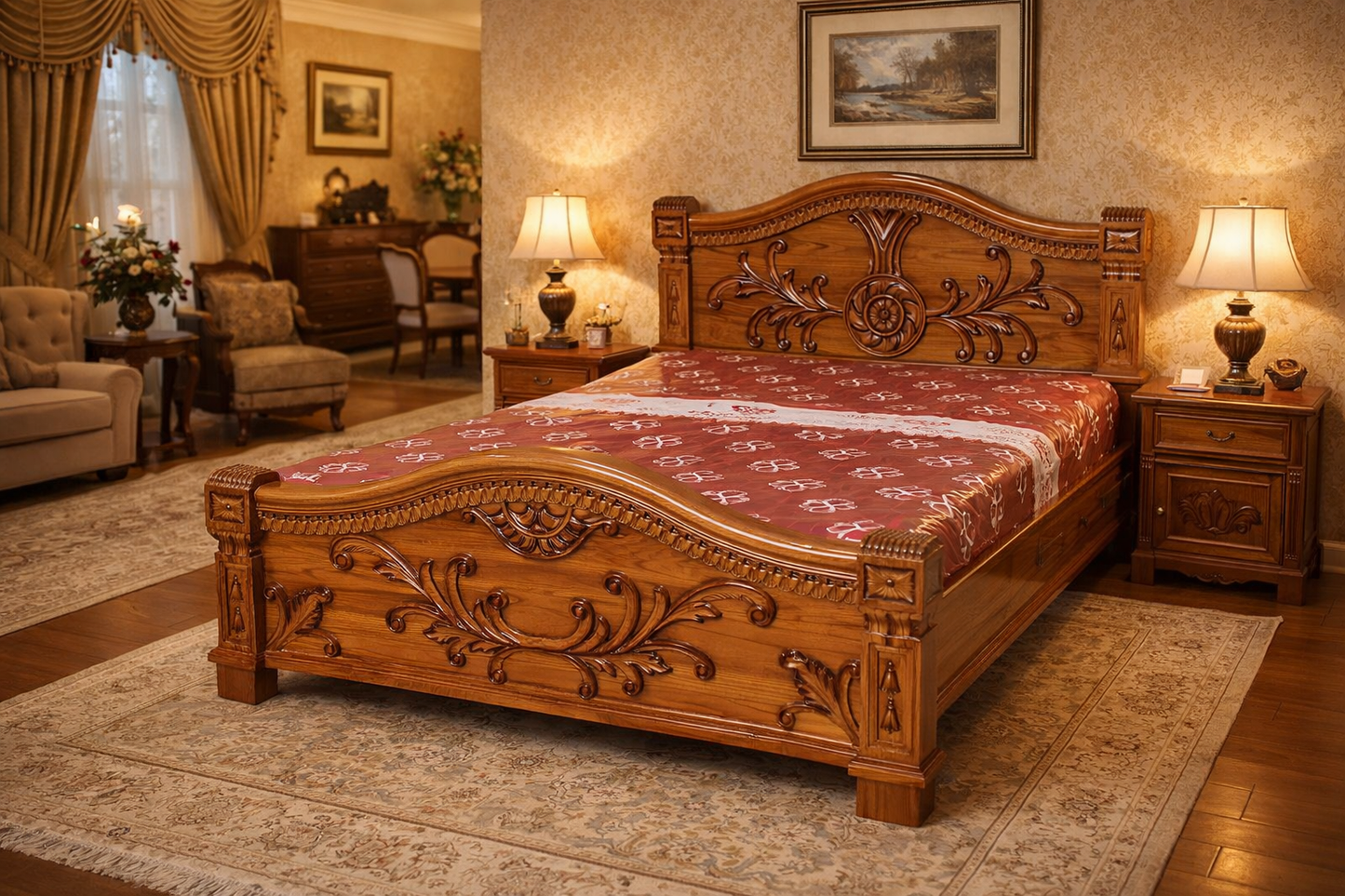 Royal Heritage Carved Wooden Bed