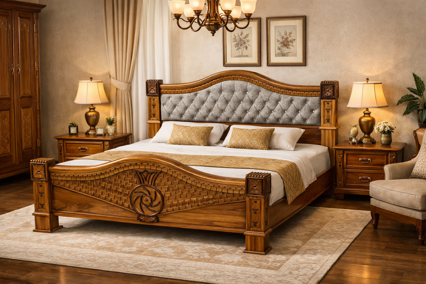 Royal Carved Wooden Bed in Elegant Interior