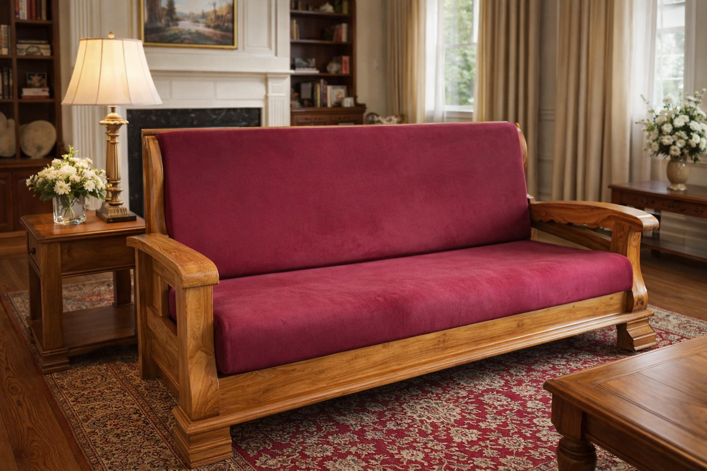 Regal Wooden Armchairs with Burgundy Velvet Cushions