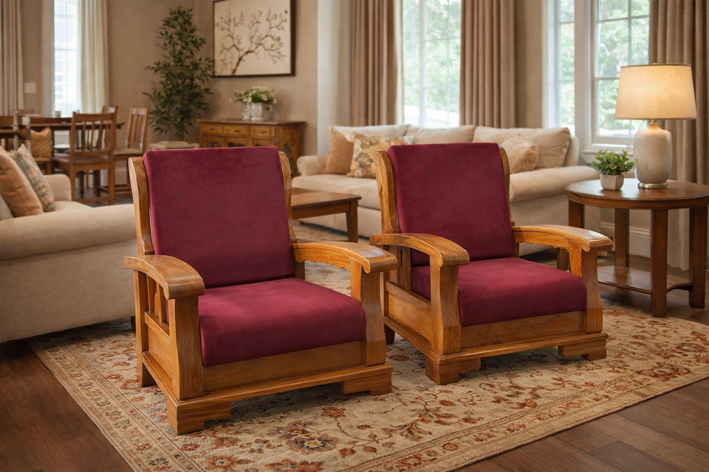Regal Wooden Armchairs with Burgundy Velvet Cushions