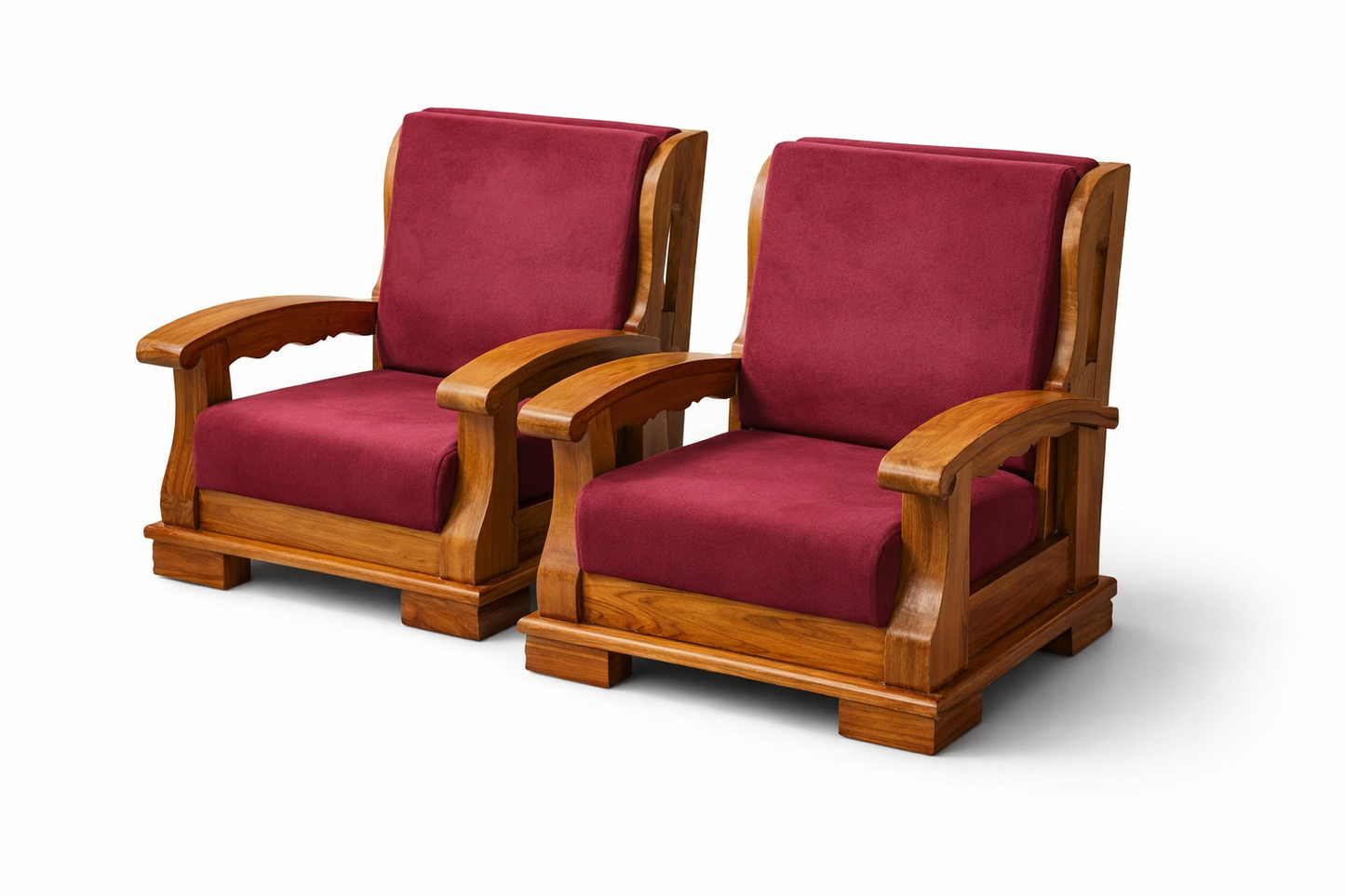 Regal Wooden Armchairs with Burgundy Velvet Cushions
