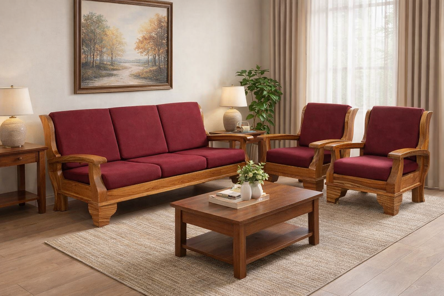 Regal Wooden Armchairs with Burgundy Velvet Cushions