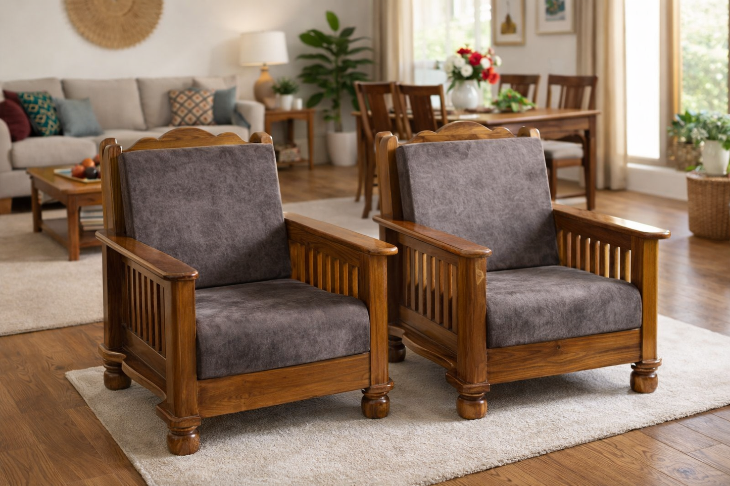Classic Wooden Sofa Set – Warm Brown Finish