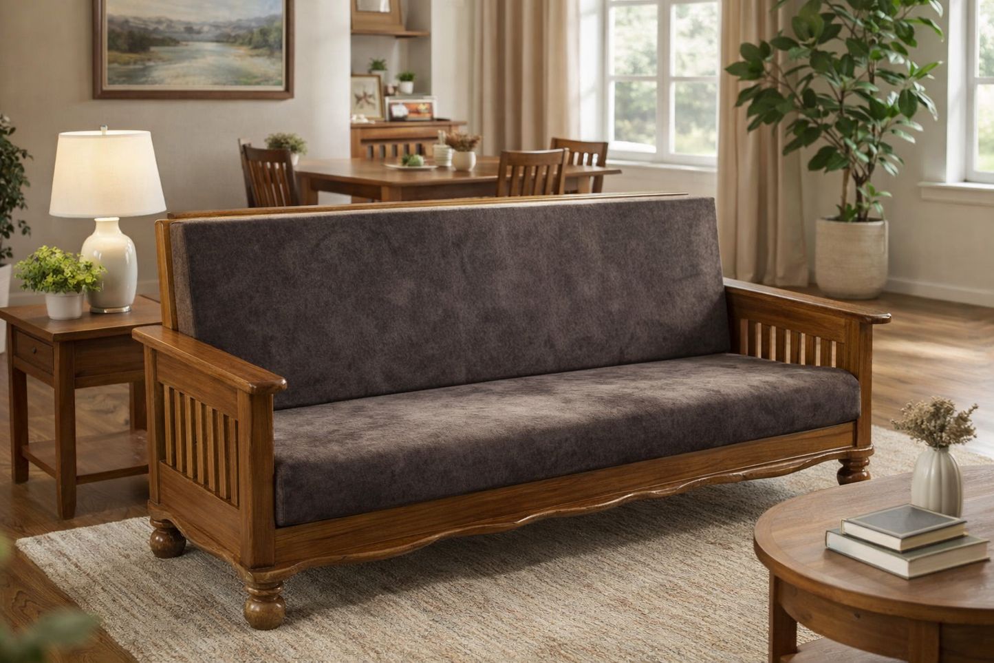 Classic Wooden Sofa Set – Warm Brown Finish