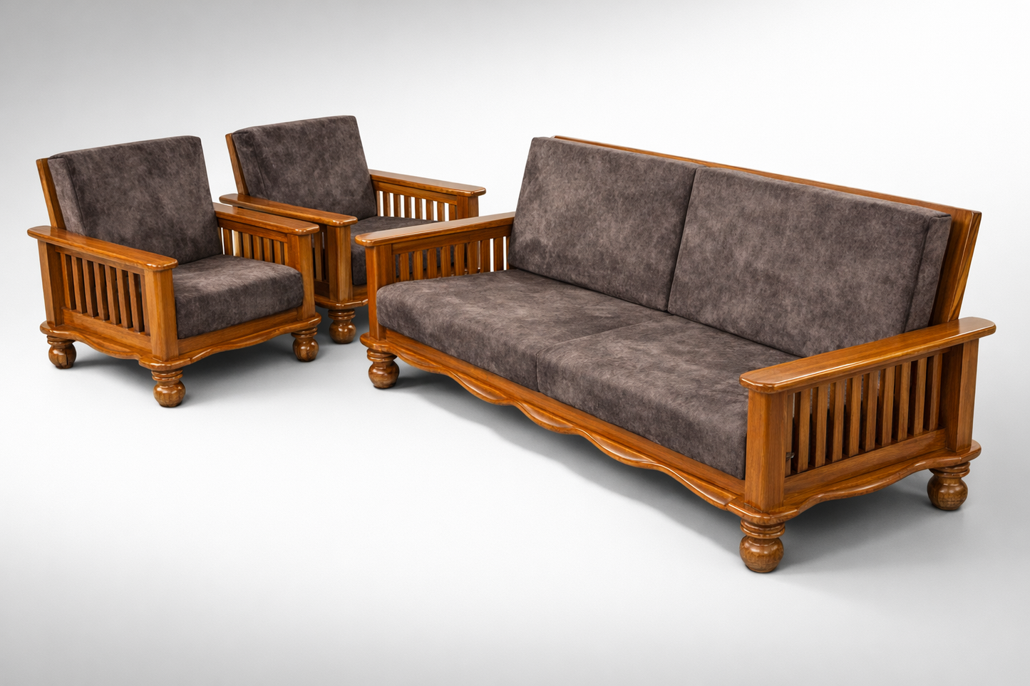 Classic Wooden Sofa Set – Warm Brown Finish