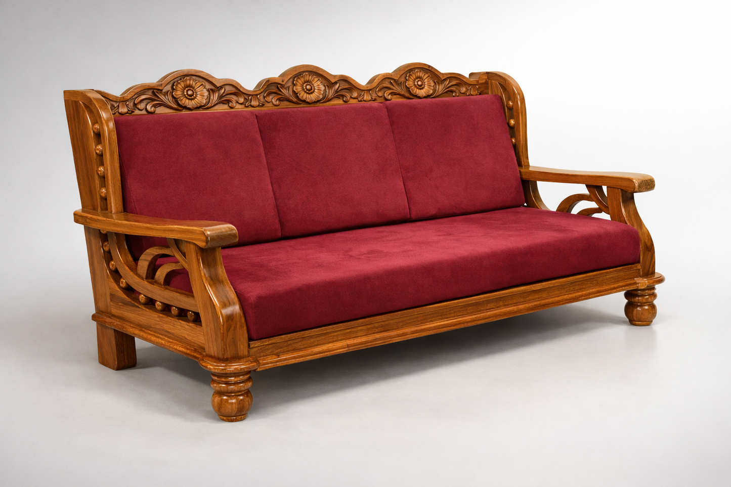 Regal Maroon Carved Wooden Sofa