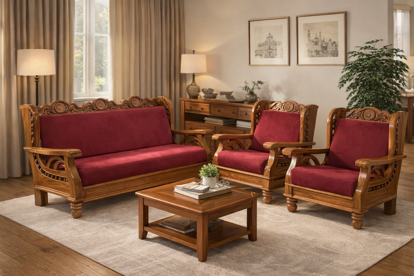 Regal Maroon Carved Wooden Sofa