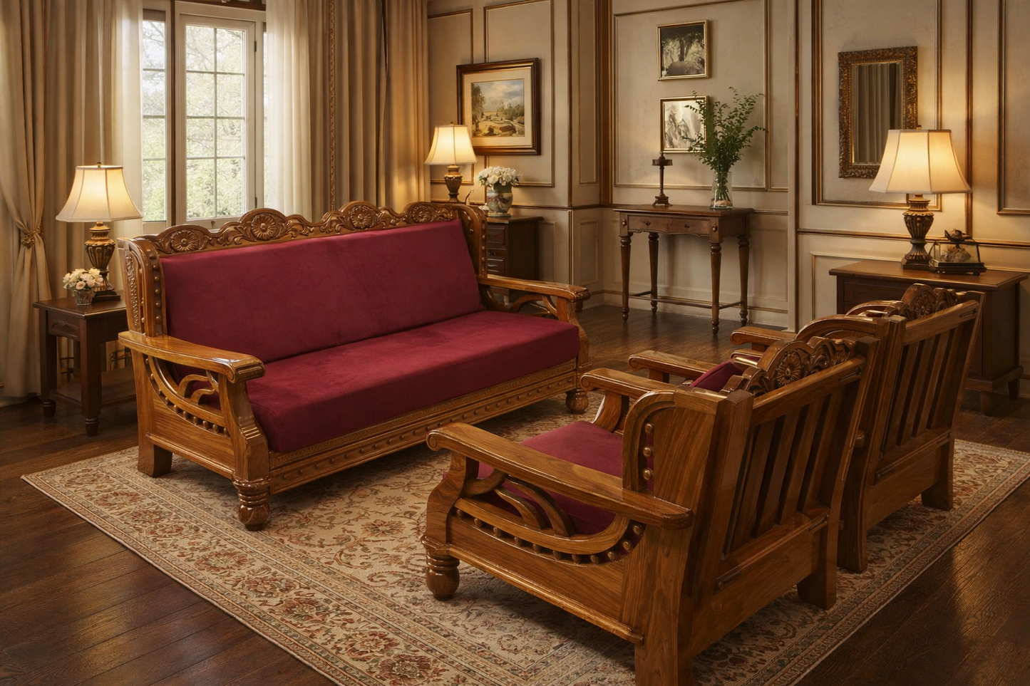 Regal Maroon Carved Wooden Sofa