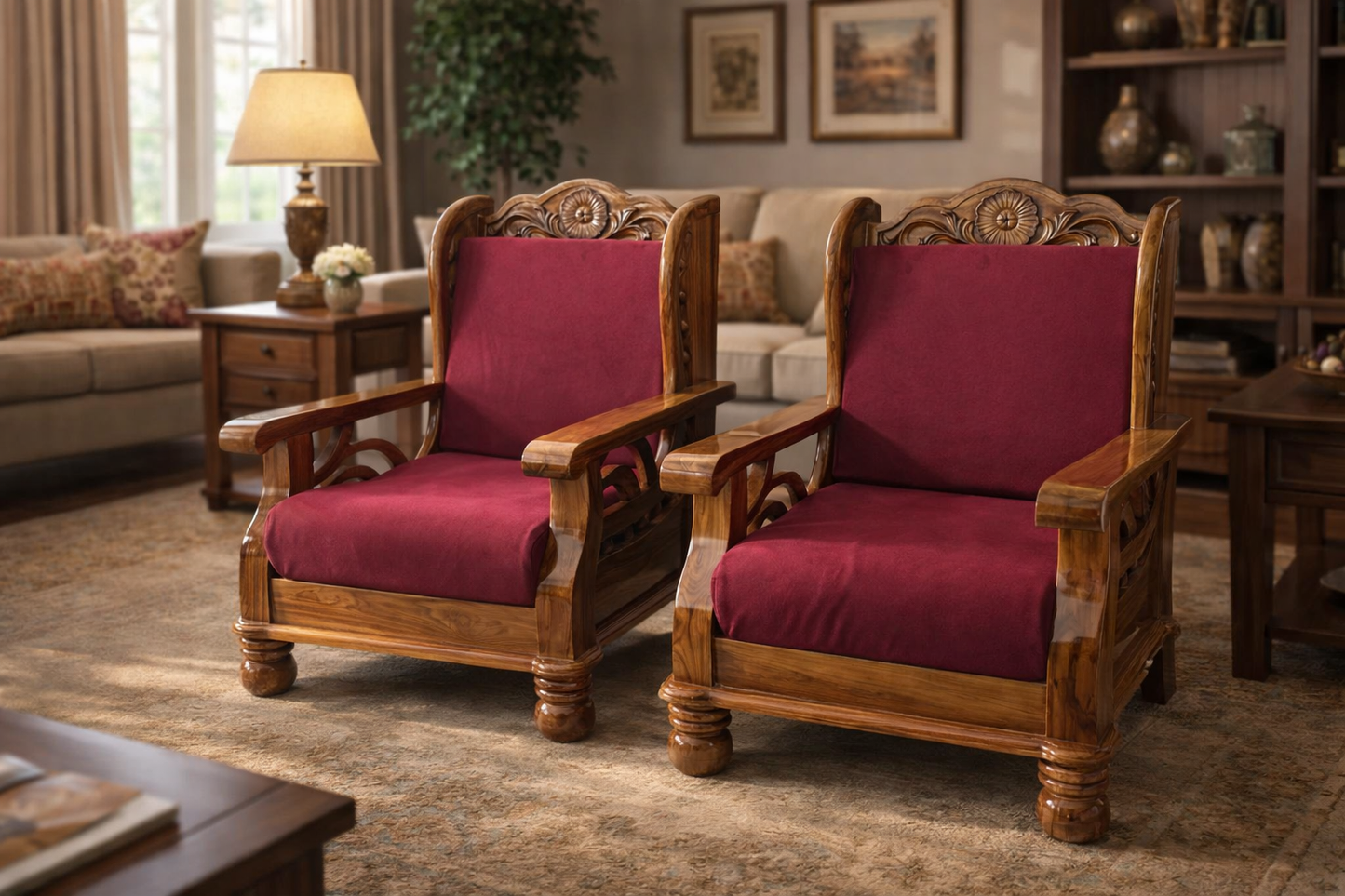 Regal Maroon Carved Wooden Sofa