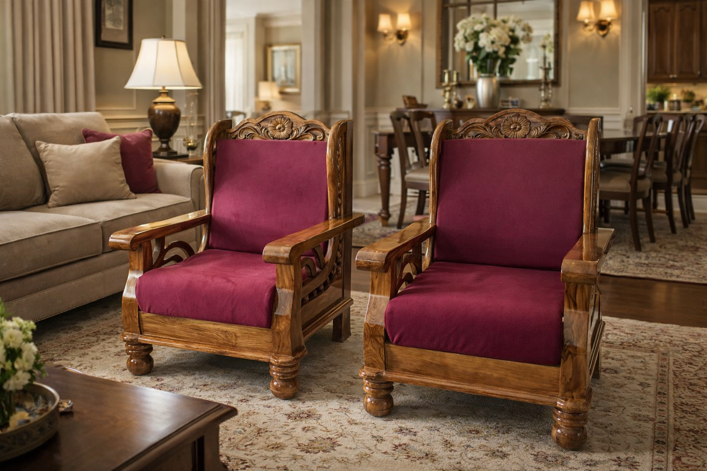 Regal Maroon Carved Wooden Sofa