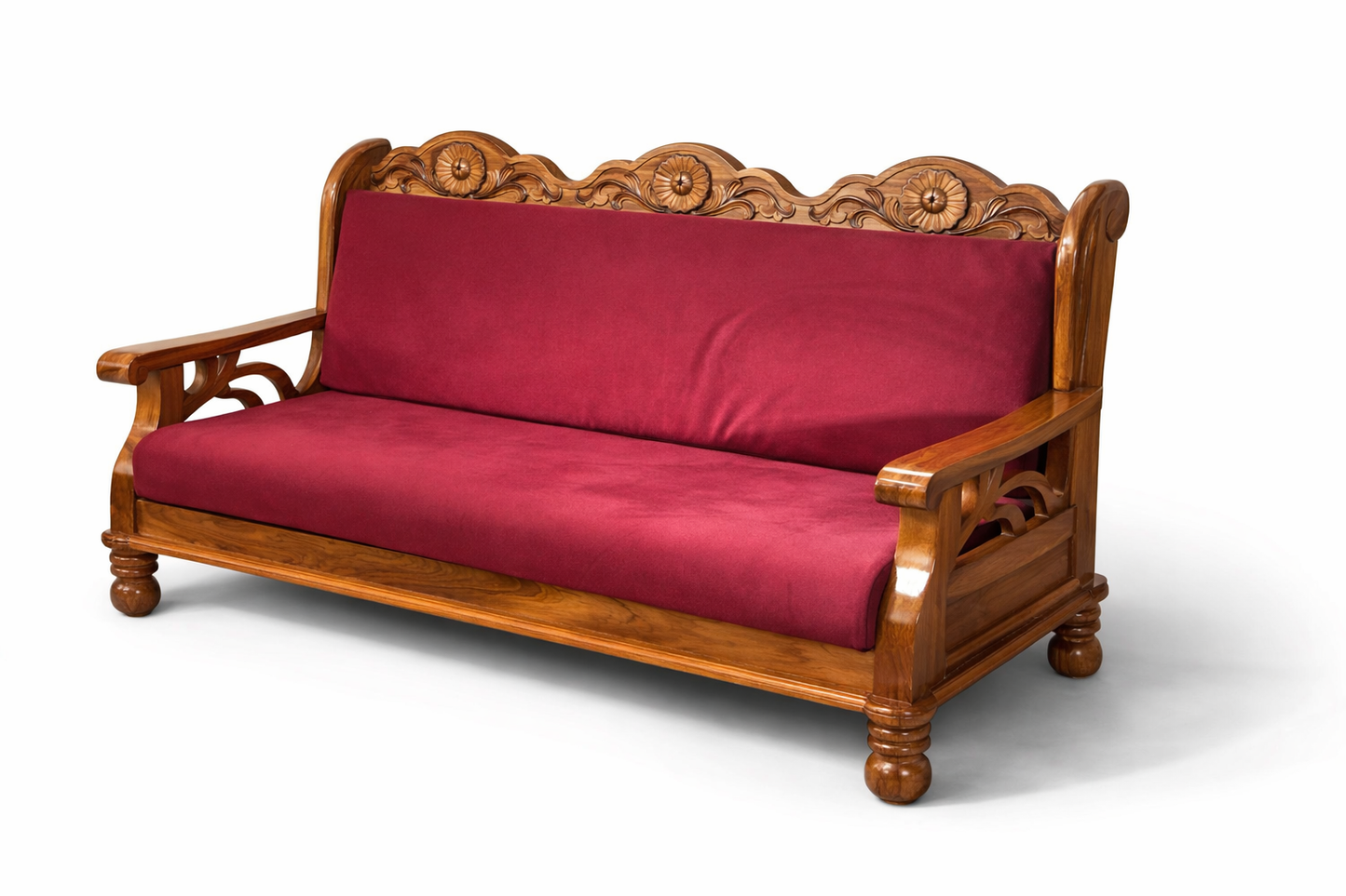 Regal Maroon Carved Wooden Sofa