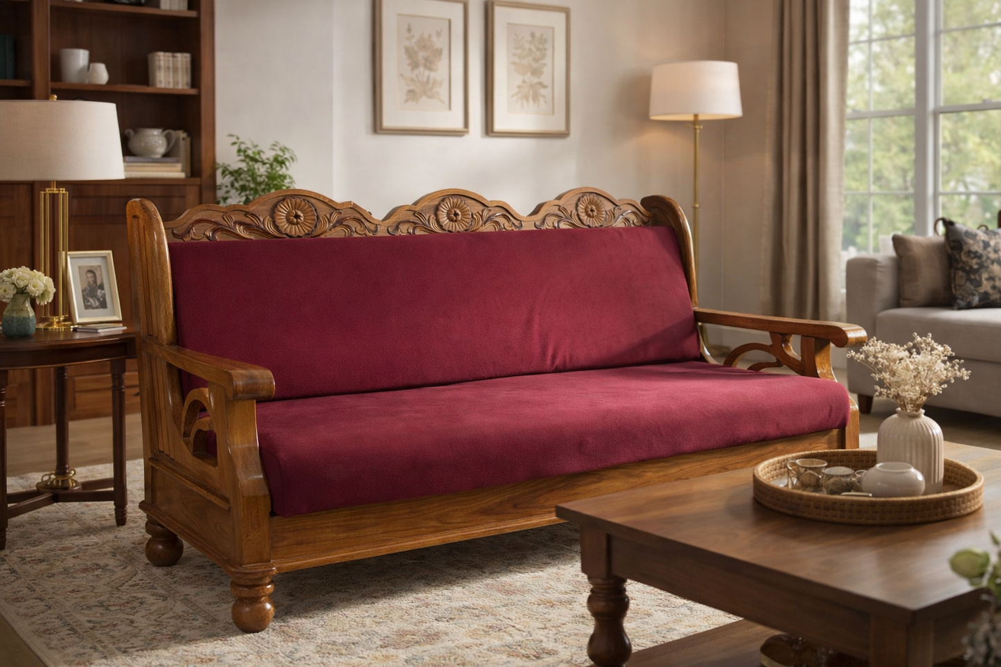 Regal Maroon Carved Wooden Sofa