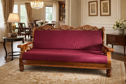 Regal Maroon Carved Wooden Sofa