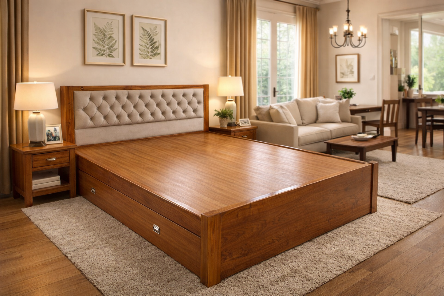 Elegant Wooden Storage Bed with Tufted Headboard