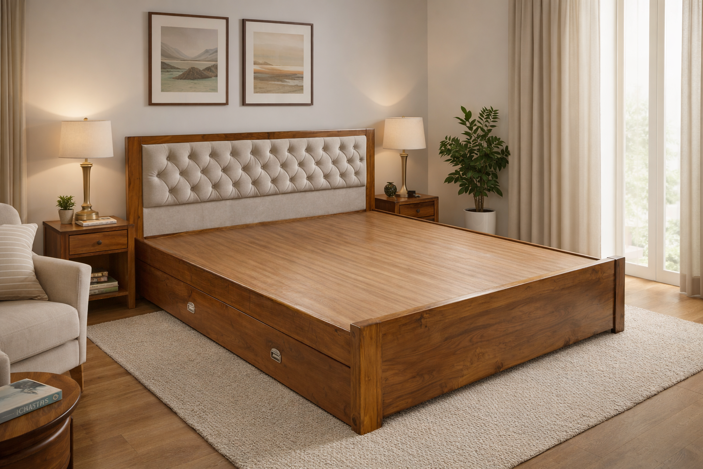Elegant Wooden Storage Bed with Tufted Headboard
