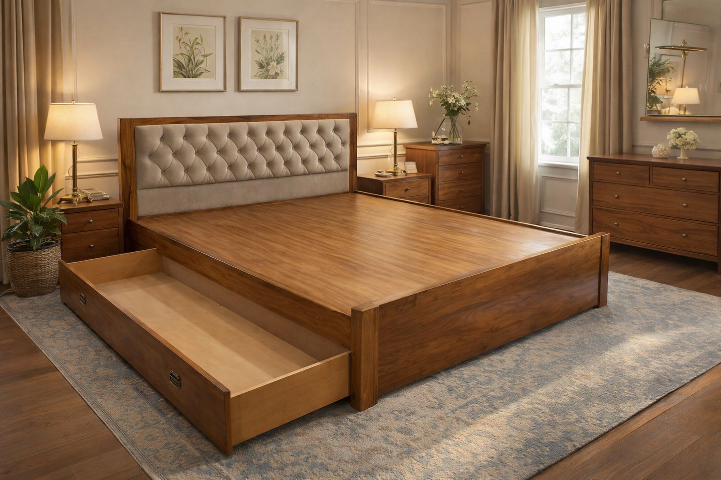 Elegant Wooden Storage Bed with Tufted Headboard