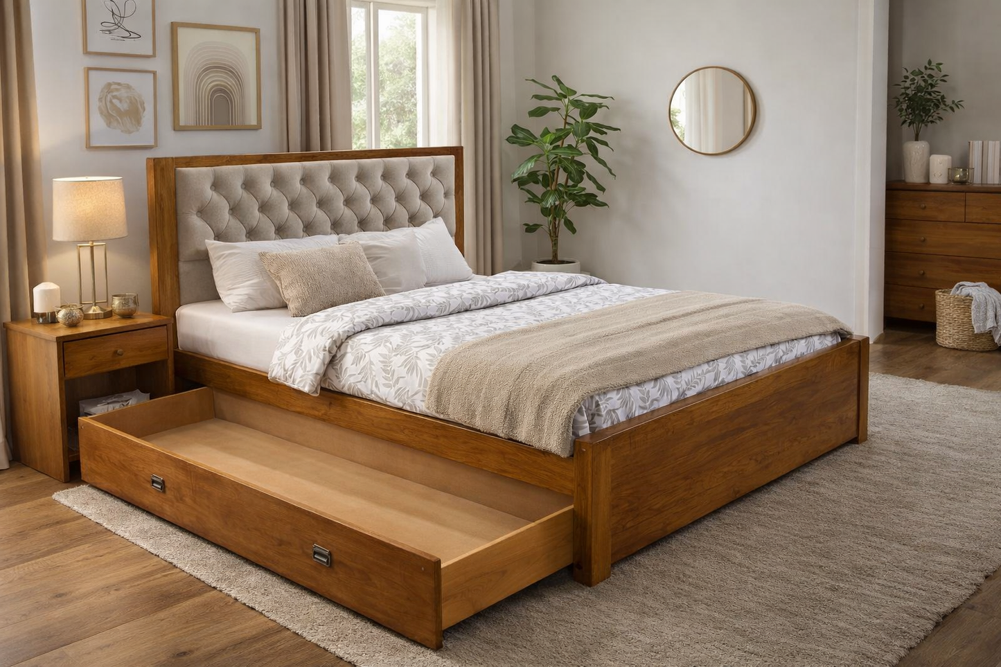 Elegant Wooden Storage Bed with Tufted Headboard