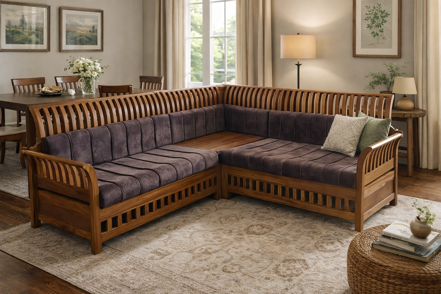 Elegant Wooden L‑Shaped Sectional Sofa