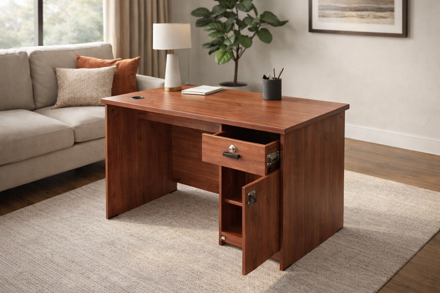 Elegant Reddish‑Brown Wooden Office Desk
