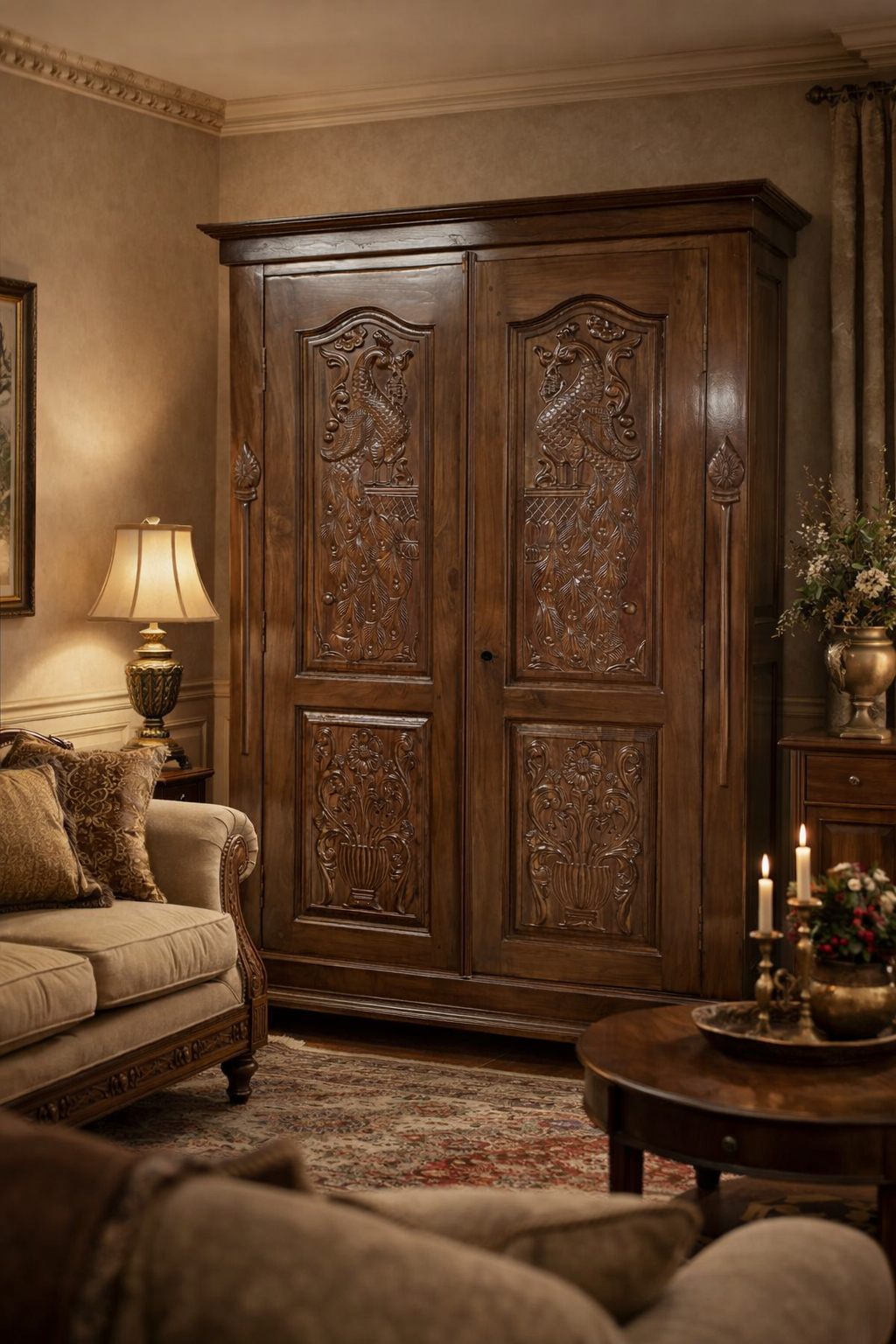 Regal Peacock Carved Wooden Wardrobe